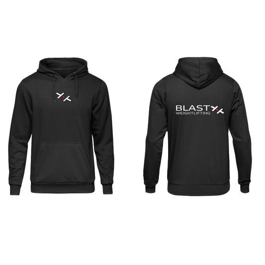 Black Blast Weightlifting Classic Hoodie, front and back views with chest logo, kangaroo pocket and back branding.