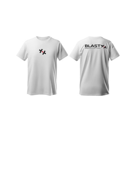 White Blast Weightlifting Classic Tee, front and back views with chest logo and back branding.